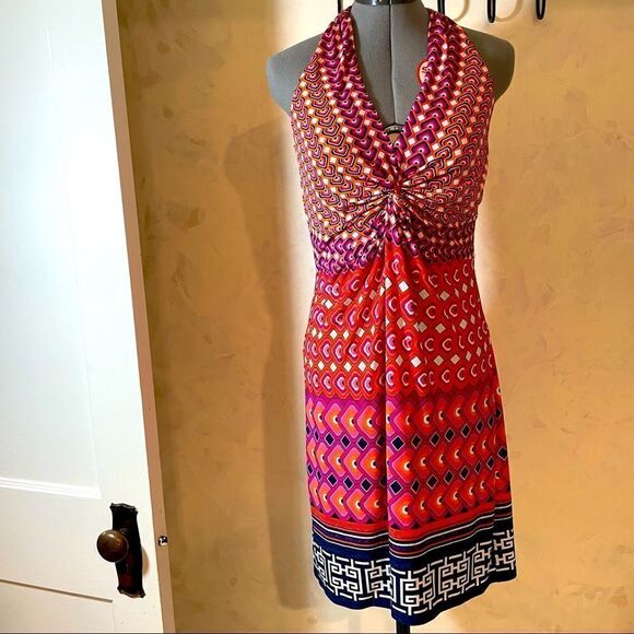 Laundry Shelli Segal Twisted Cinched bust geometric halter Dress Size 6 - Picture 2 of 12